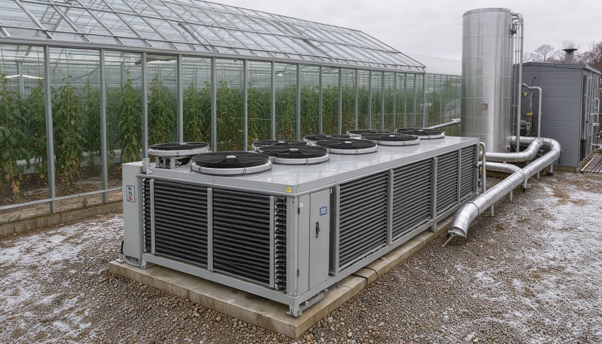 Pompe à chaleur air/eau industrielle posée sur une dalle à côté d'une serre de tomates en verre, reliée par des tuyauteries calorifugées à un ballon de stockage et à la chaufferie.