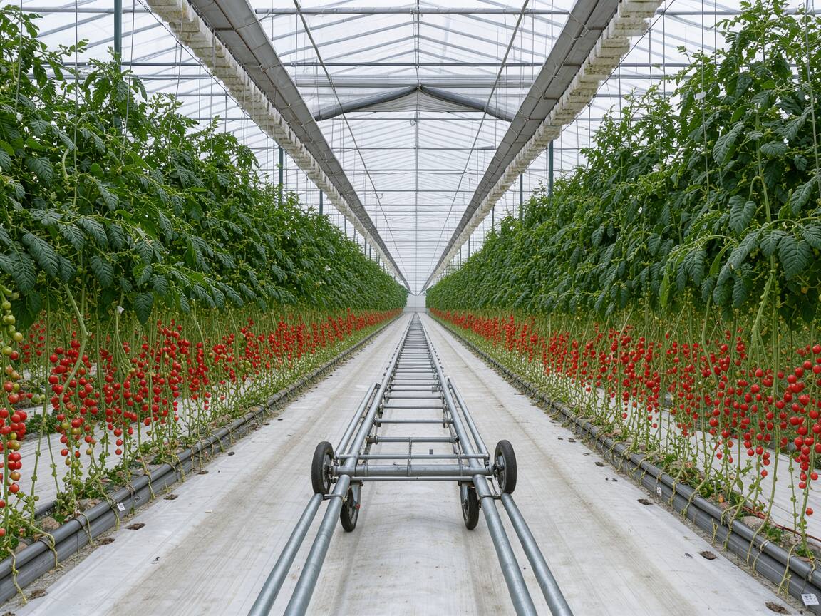 Paire de tubes rail d'eau chaude posés au sol entre deux rangs de tomates, avec un chariot de récolte roulant dessus