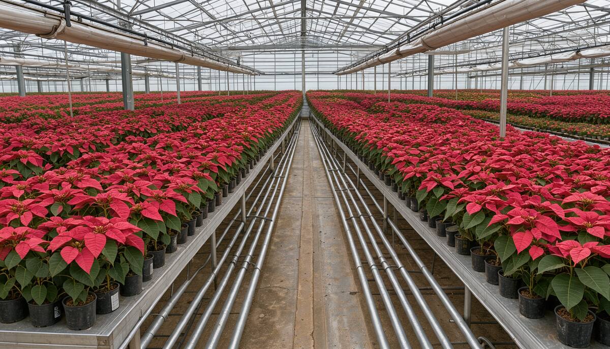 Serre horticole chauffée : plantes en pot sur tablettes mobiles, avec les tubes de chauffage à eau chaude installés sous les tablettes
